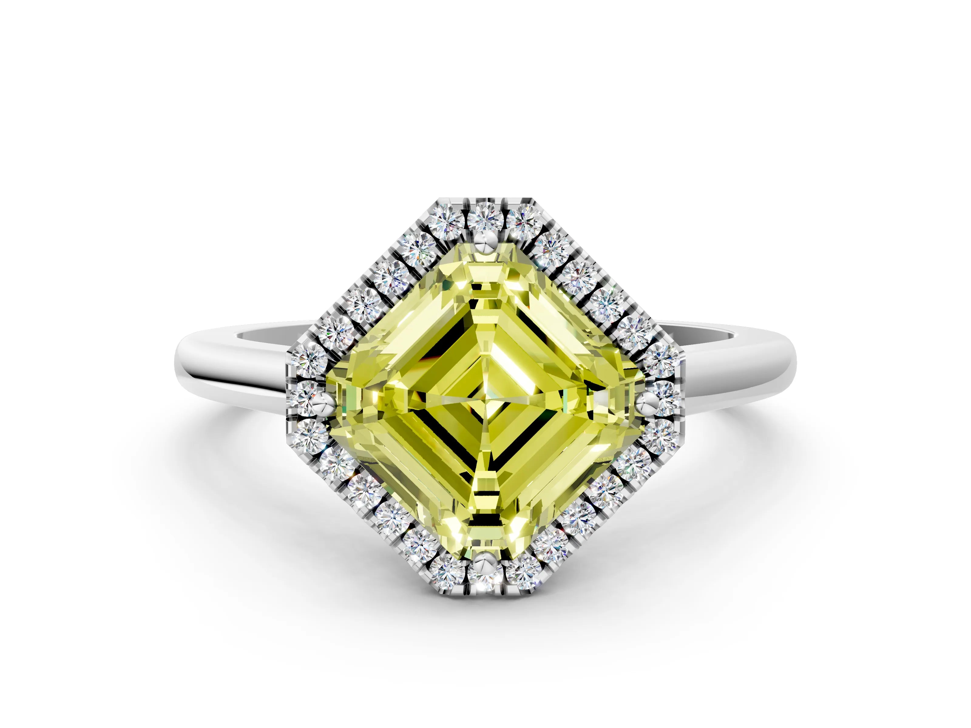 White gold Fancy Yellow Asscher Cut Halo Round Diamond Solitaire Engagement Ring with Pave Band and Four-Prong Setting