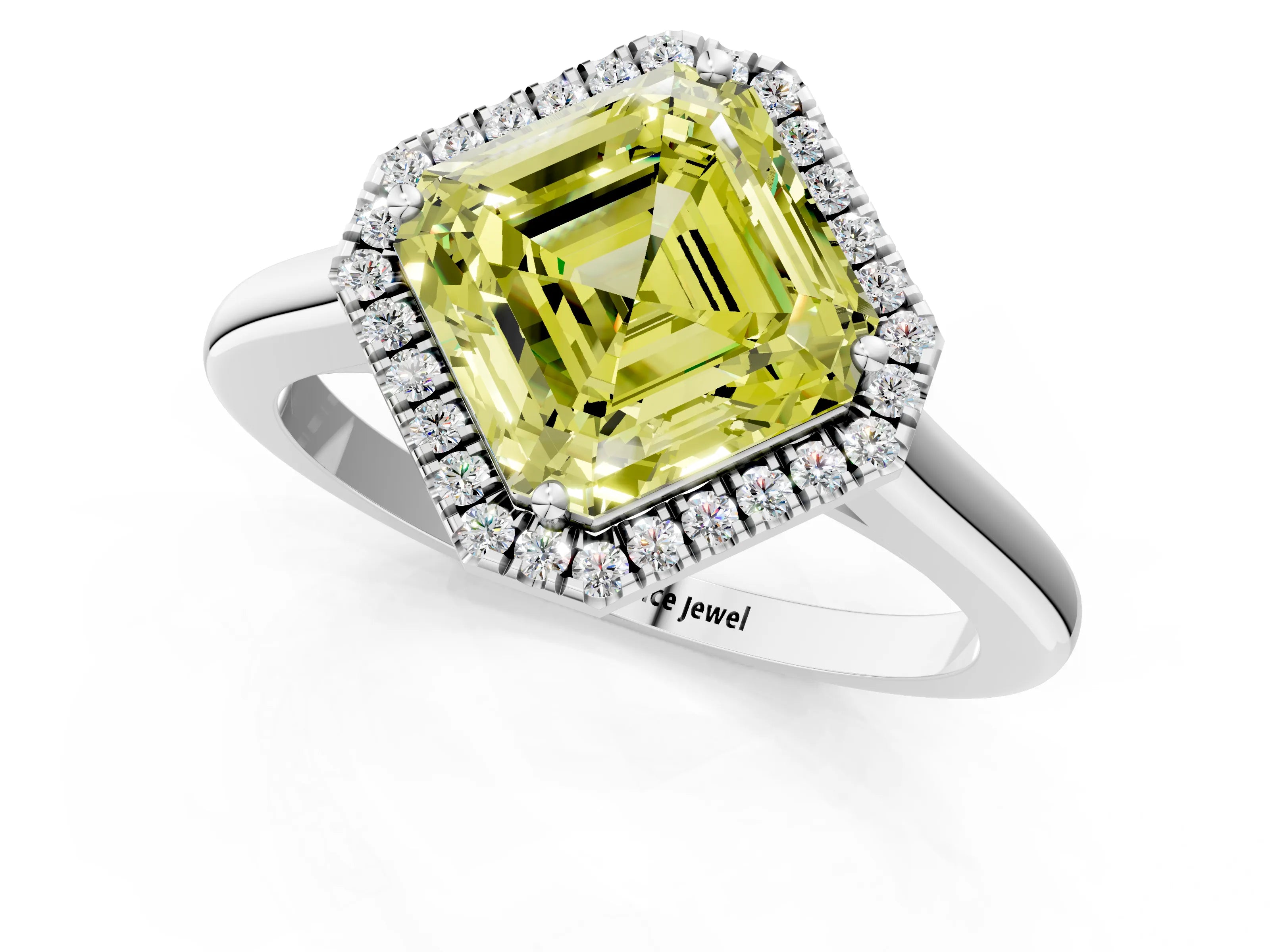 White gold Fancy Yellow Asscher Cut Halo Round Diamond Solitaire Engagement Ring with Pave Band and Four-Prong Setting_1