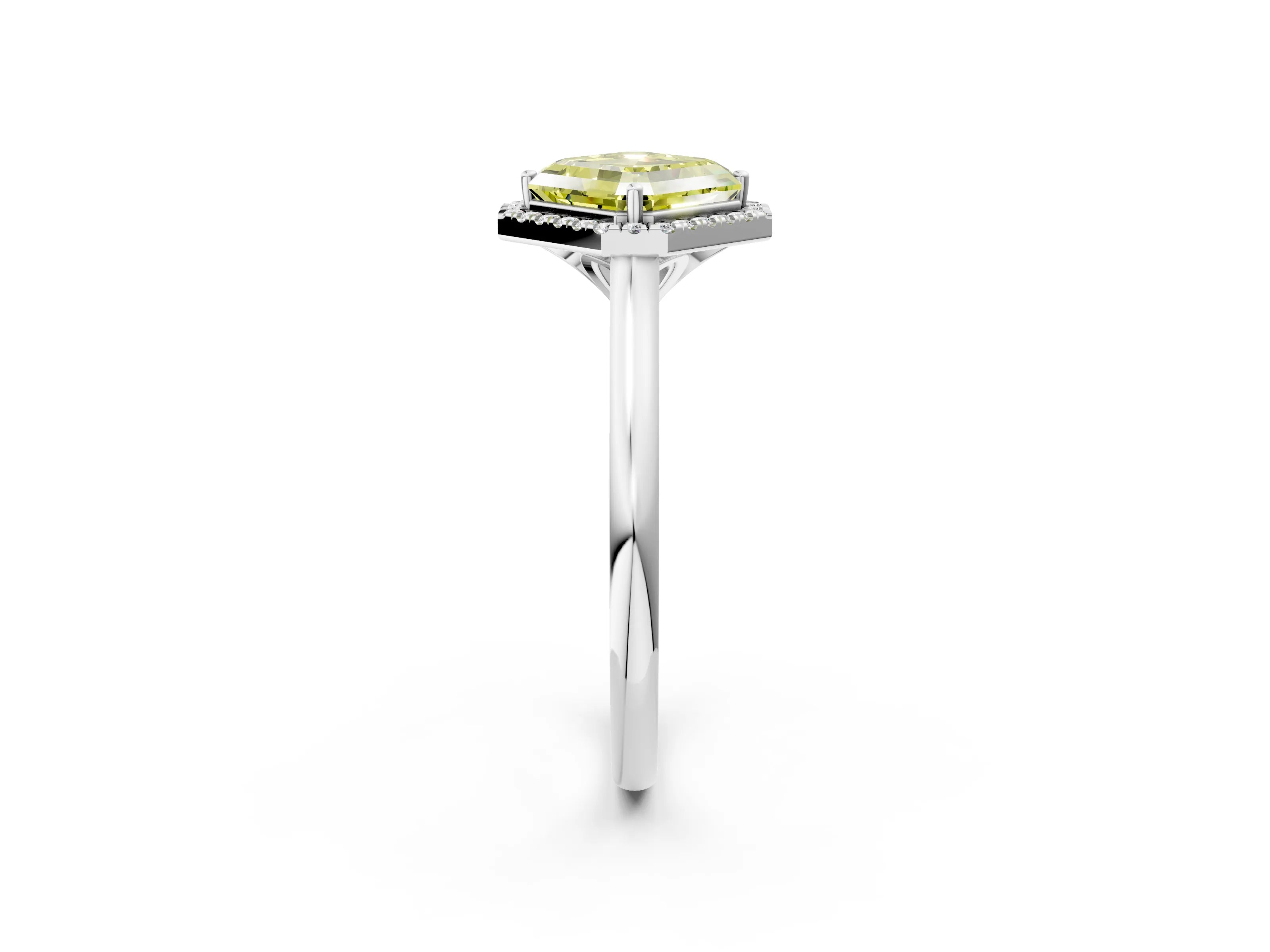 White gold Fancy Yellow Asscher Cut Halo Round Diamond Solitaire Engagement Ring with Pave Band and Four-Prong Setting_2
