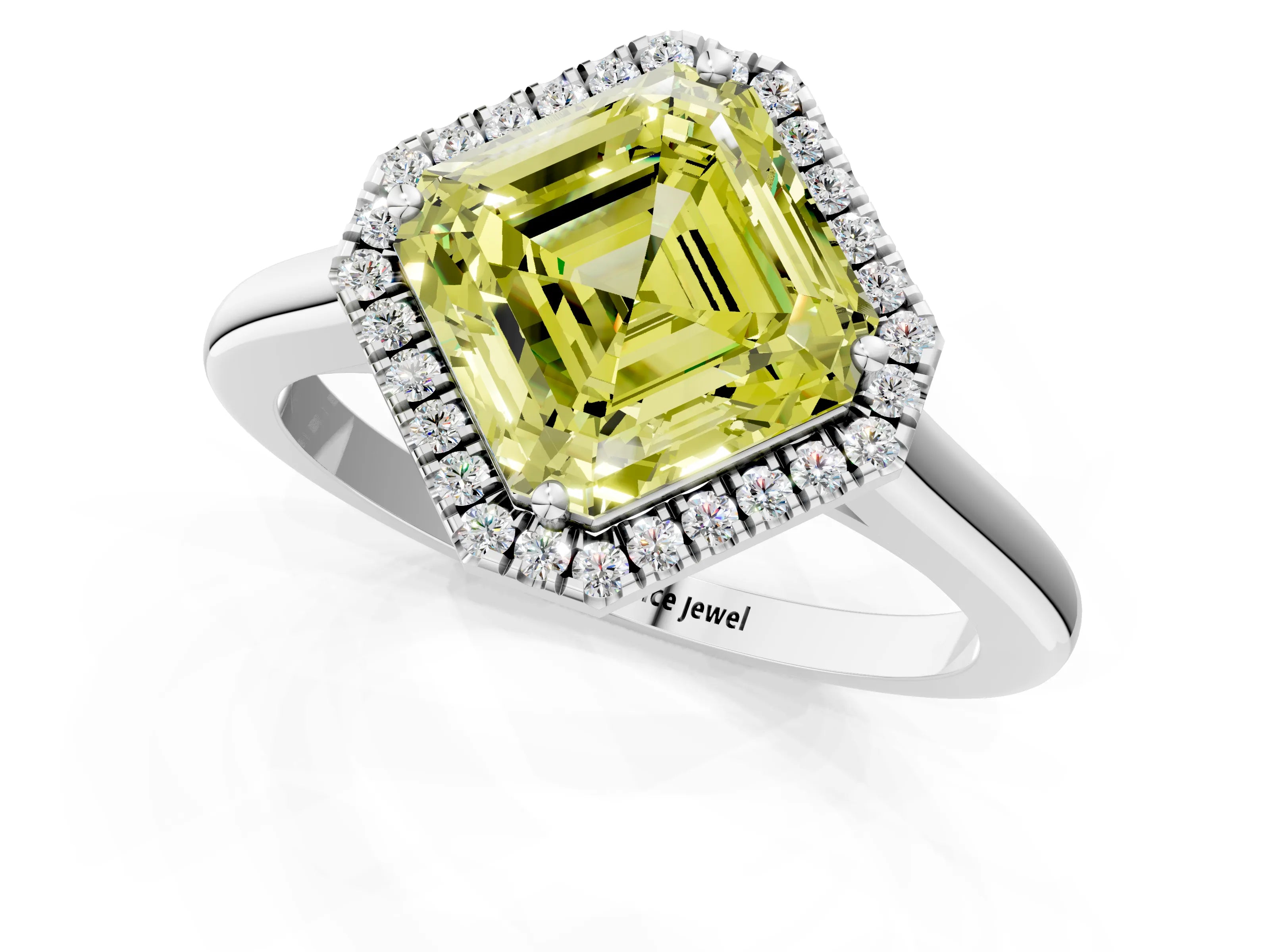 White gold Fancy Yellow Asscher Cut Halo Round Diamond Solitaire Engagement Ring with Pave Band and Four-Prong Setting_25