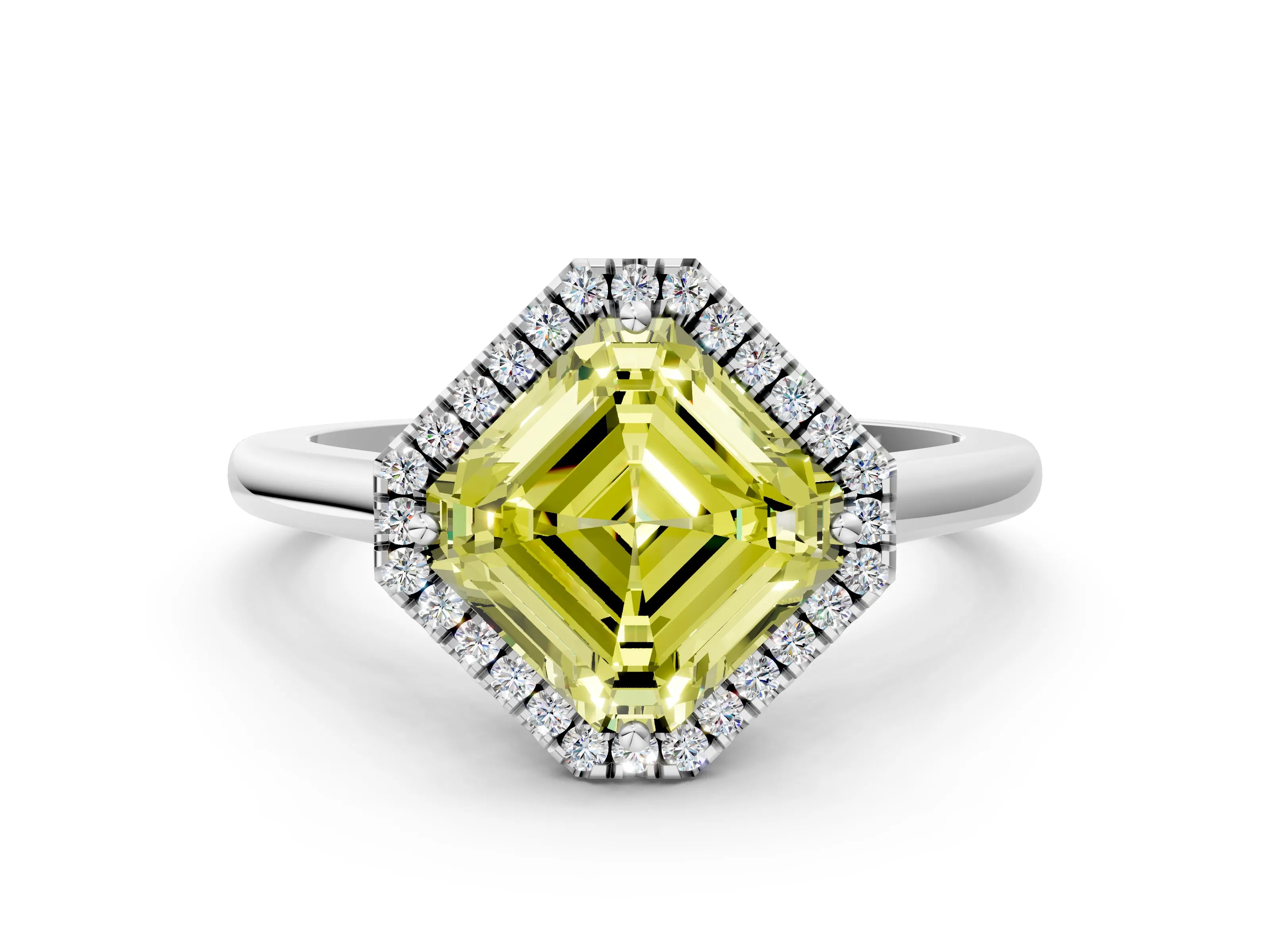 White gold Fancy Yellow Asscher Cut Halo Round Diamond Solitaire Engagement Ring with Pave Band and Four-Prong Setting_30