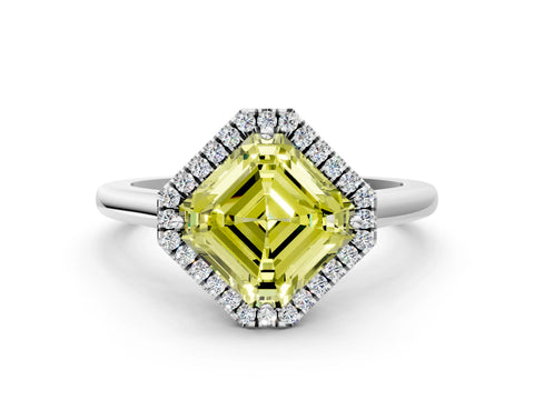 White gold Fancy Yellow Asscher Cut Halo Round Diamond Solitaire Engagement Ring with Pave Band and Four-Prong Setting_30