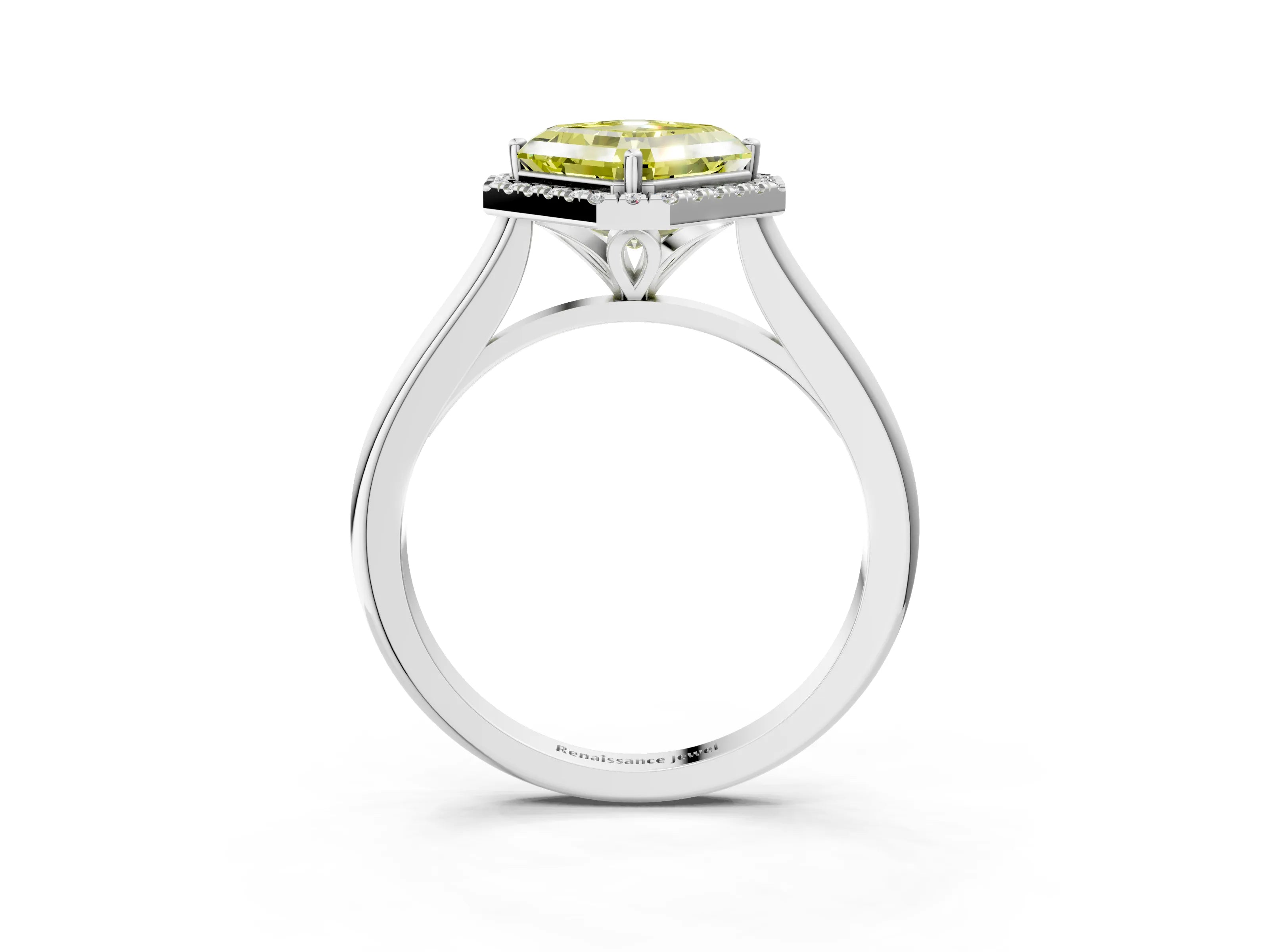 White gold Fancy Yellow Asscher Cut Halo Round Diamond Solitaire Engagement Ring with Pave Band and Four-Prong Setting_33