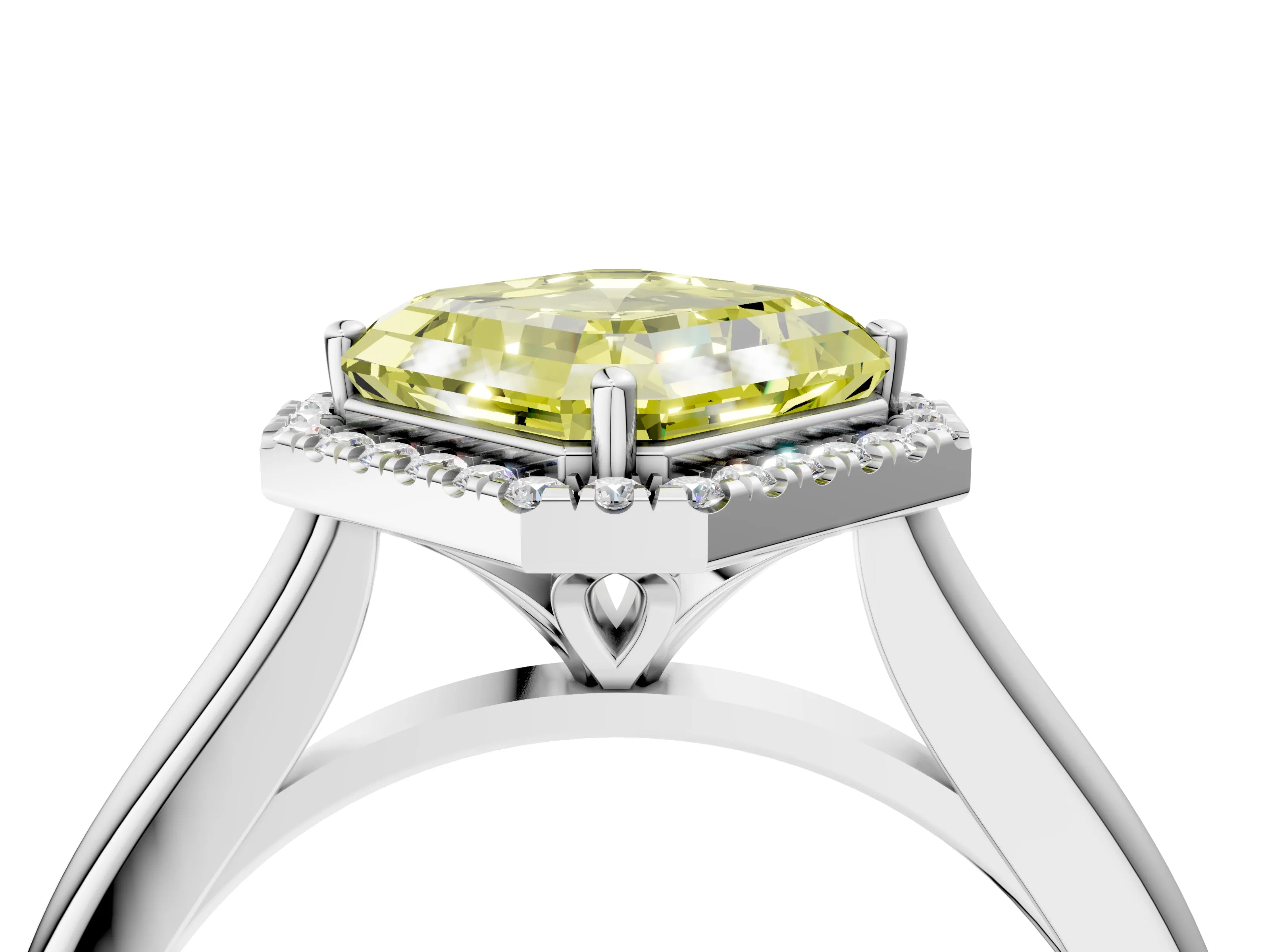 White gold Fancy Yellow Asscher Cut Halo Round Diamond Solitaire Engagement Ring with Pave Band and Four-Prong Setting_34