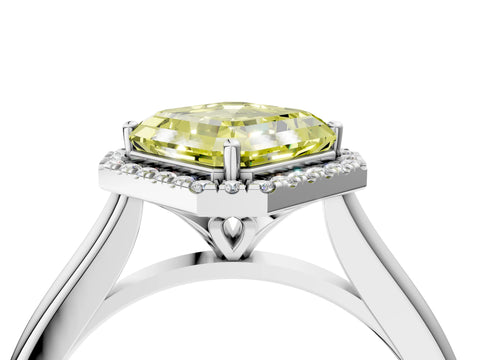 White gold Fancy Yellow Asscher Cut Halo Round Diamond Solitaire Engagement Ring with Pave Band and Four-Prong Setting_34