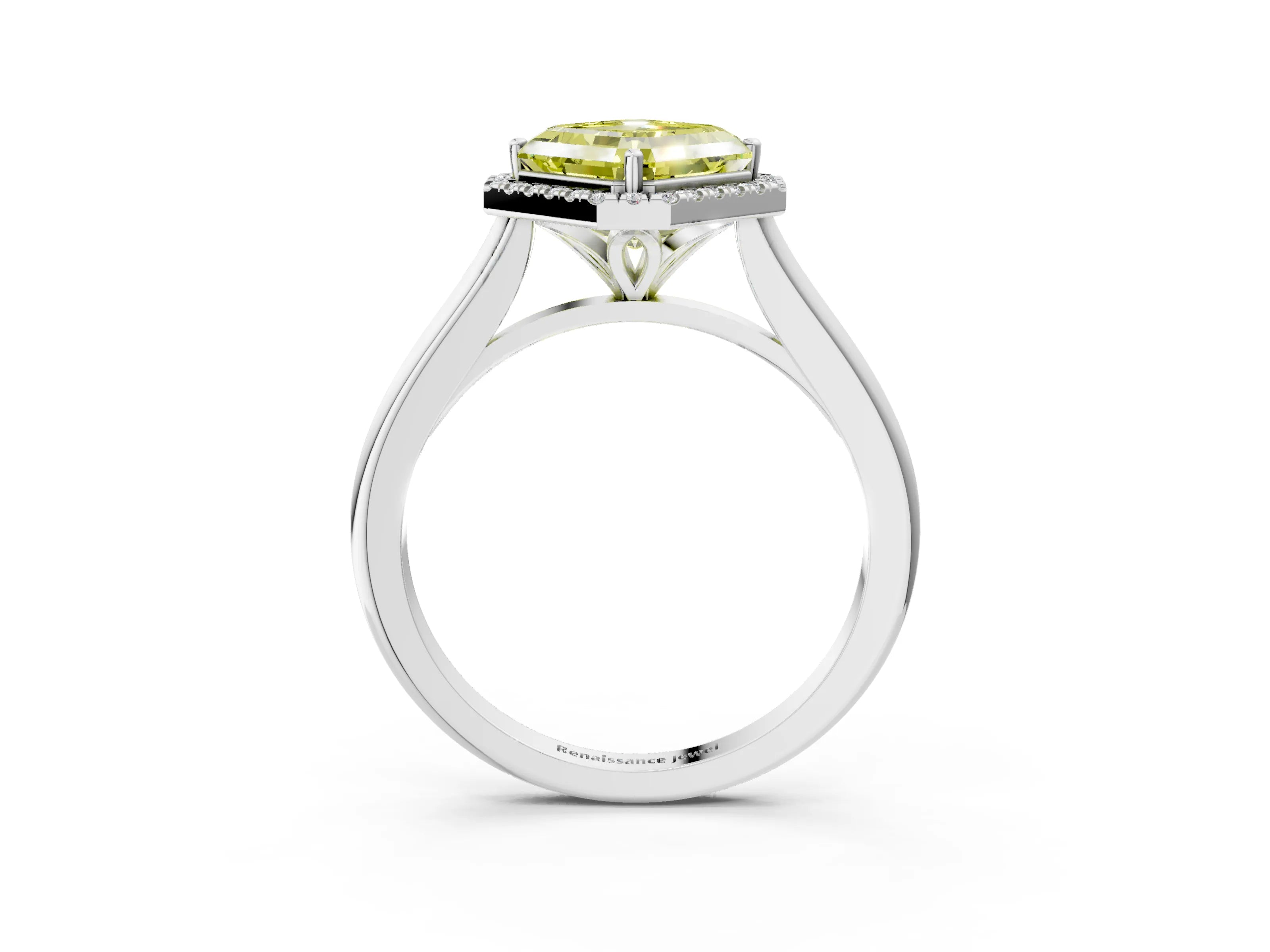 White gold Fancy Yellow Asscher Cut Halo Round Diamond Solitaire Engagement Ring with Pave Band and Four-Prong Setting_3