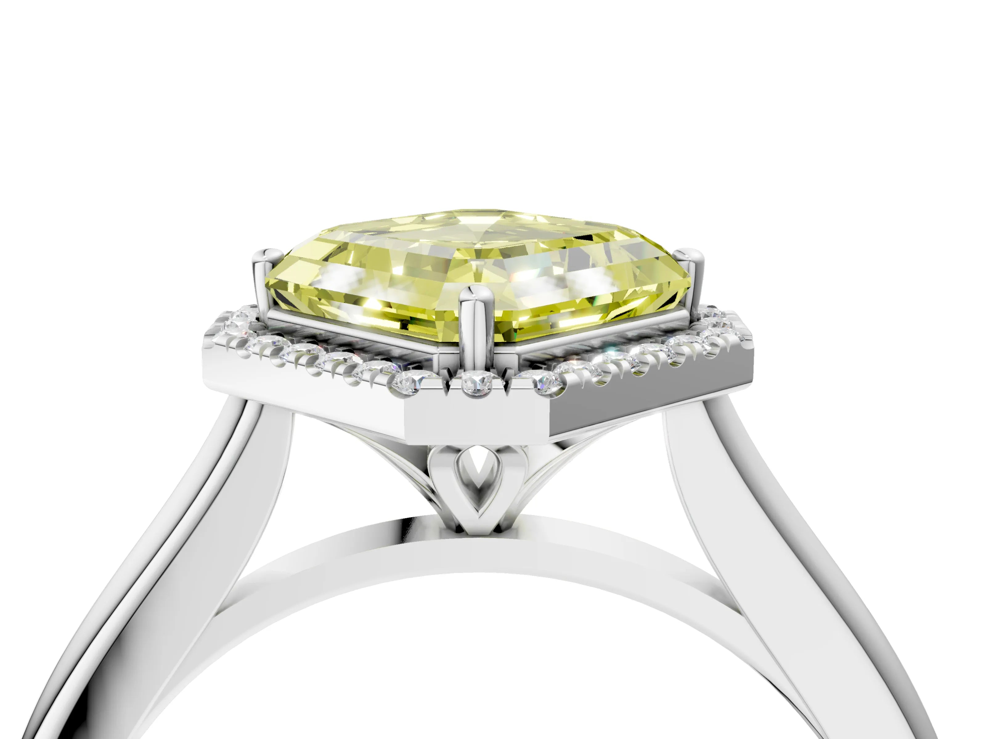 White gold Fancy Yellow Asscher Cut Halo Round Diamond Solitaire Engagement Ring with Pave Band and Four-Prong Setting_4