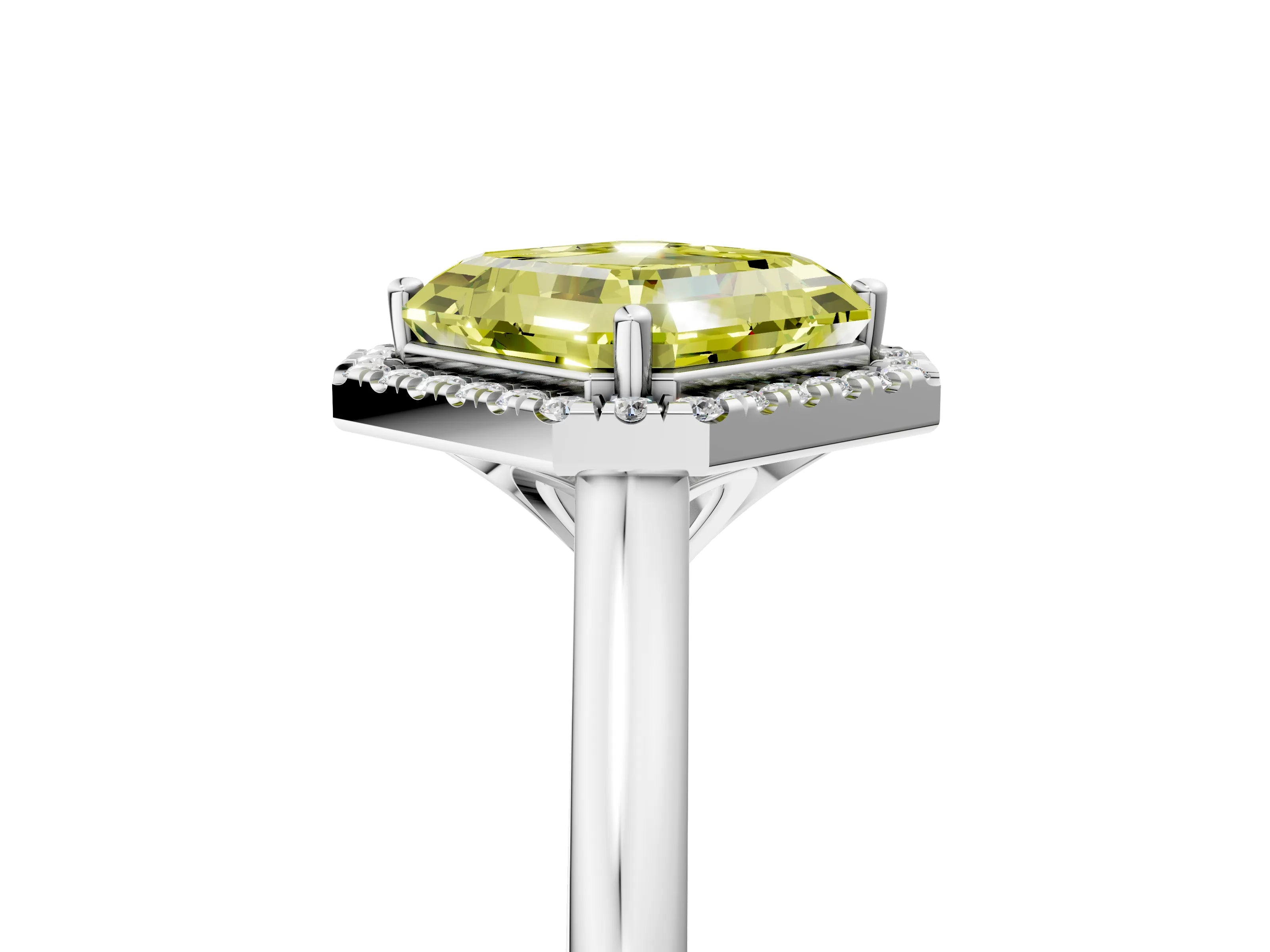 White gold Fancy Yellow Asscher Cut Halo Round Diamond Solitaire Engagement Ring with Pave Band and Four-Prong Setting_5