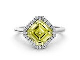 White gold Fancy Yellow Asscher Cut Halo Round Diamond Solitaire Engagement Ring with Pave Band and Four-Prong Setting