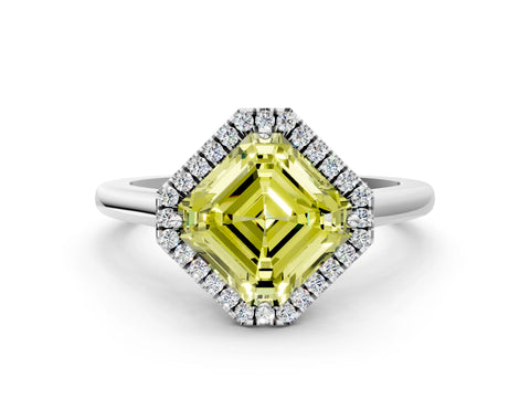 White gold Fancy Yellow Asscher Cut Halo Round Diamond Solitaire Engagement Ring with Pave Band and Four-Prong Setting