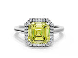 White gold Fancy Yellow Asscher Cut Halo Round Diamond Solitaire Ring with Pavé Band and Four-Prong Setting
