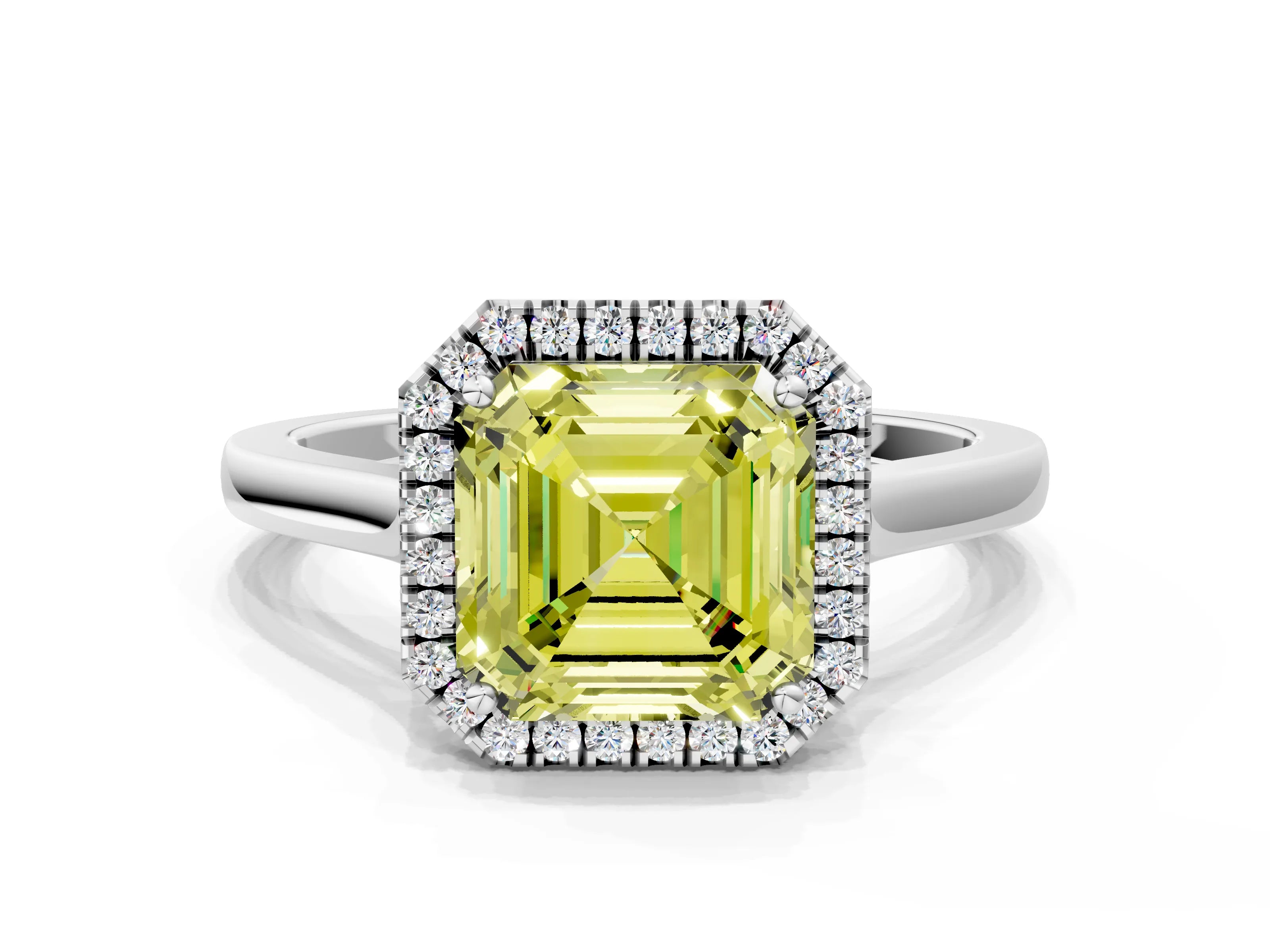 White gold Fancy Yellow Asscher Cut Halo Round Diamond Solitaire Ring with Pavé Band and Four-Prong Setting