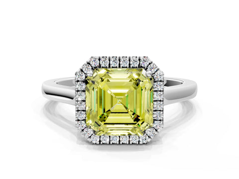 White gold Fancy Yellow Asscher Cut Halo Round Diamond Solitaire Ring with Pavé Band and Four-Prong Setting