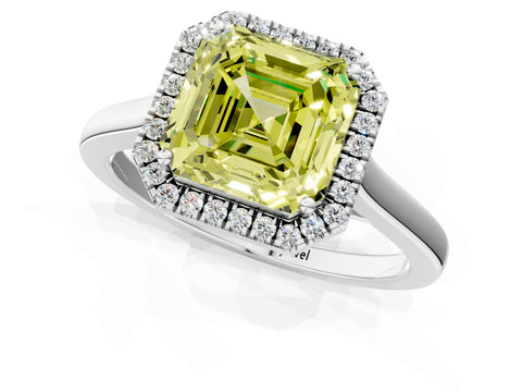 White gold Fancy Yellow Asscher Cut Halo Round Diamond Solitaire Ring with Pavé Band and Four-Prong Setting_1