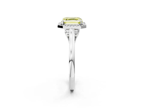 White gold Fancy Yellow Asscher Cut Halo Round Diamond Solitaire Ring with Pavé Band and Four-Prong Setting_2