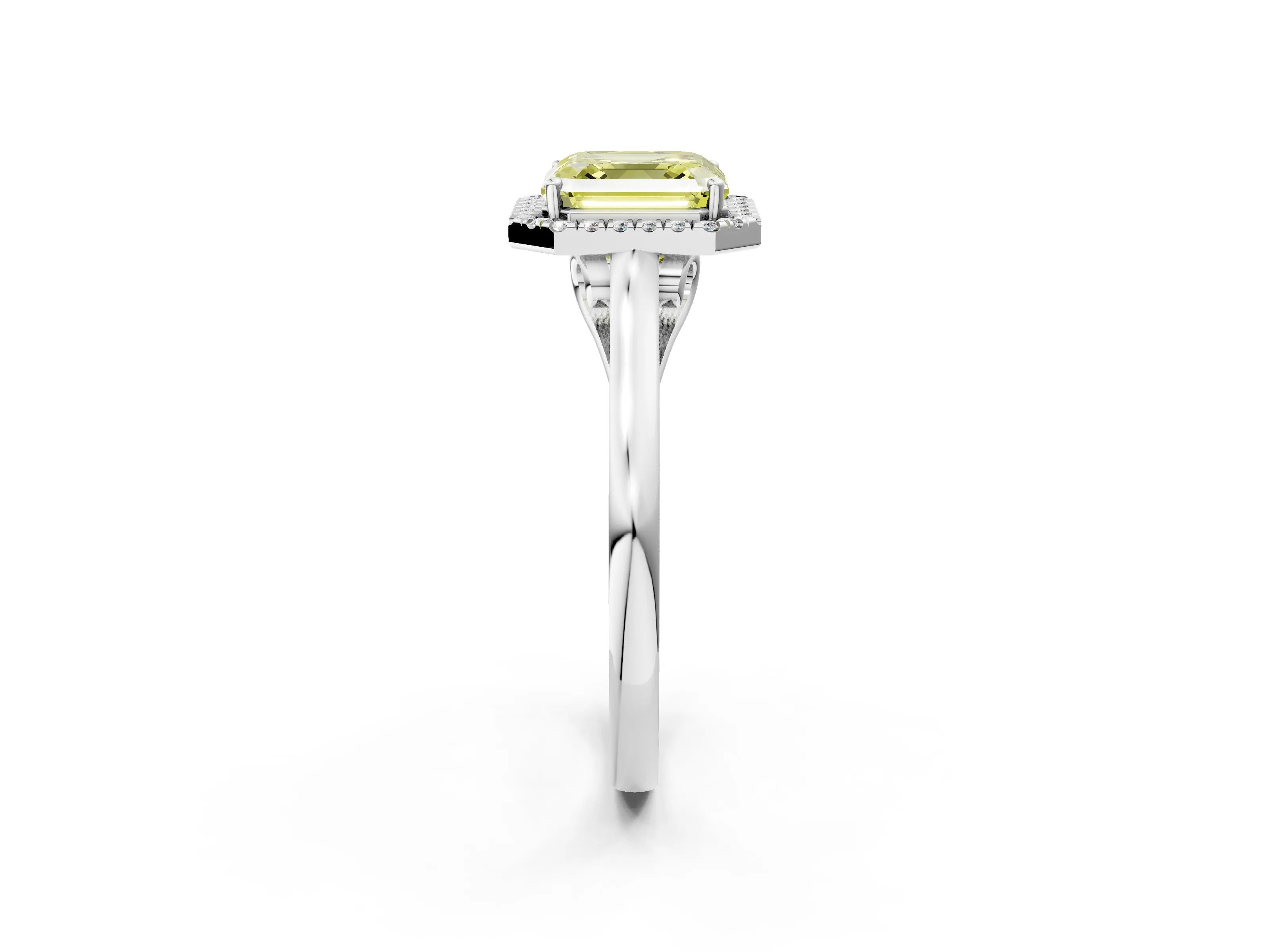 White gold Fancy Yellow Asscher Cut Halo Round Diamond Solitaire Ring with Pavé Band and Four-Prong Setting_2