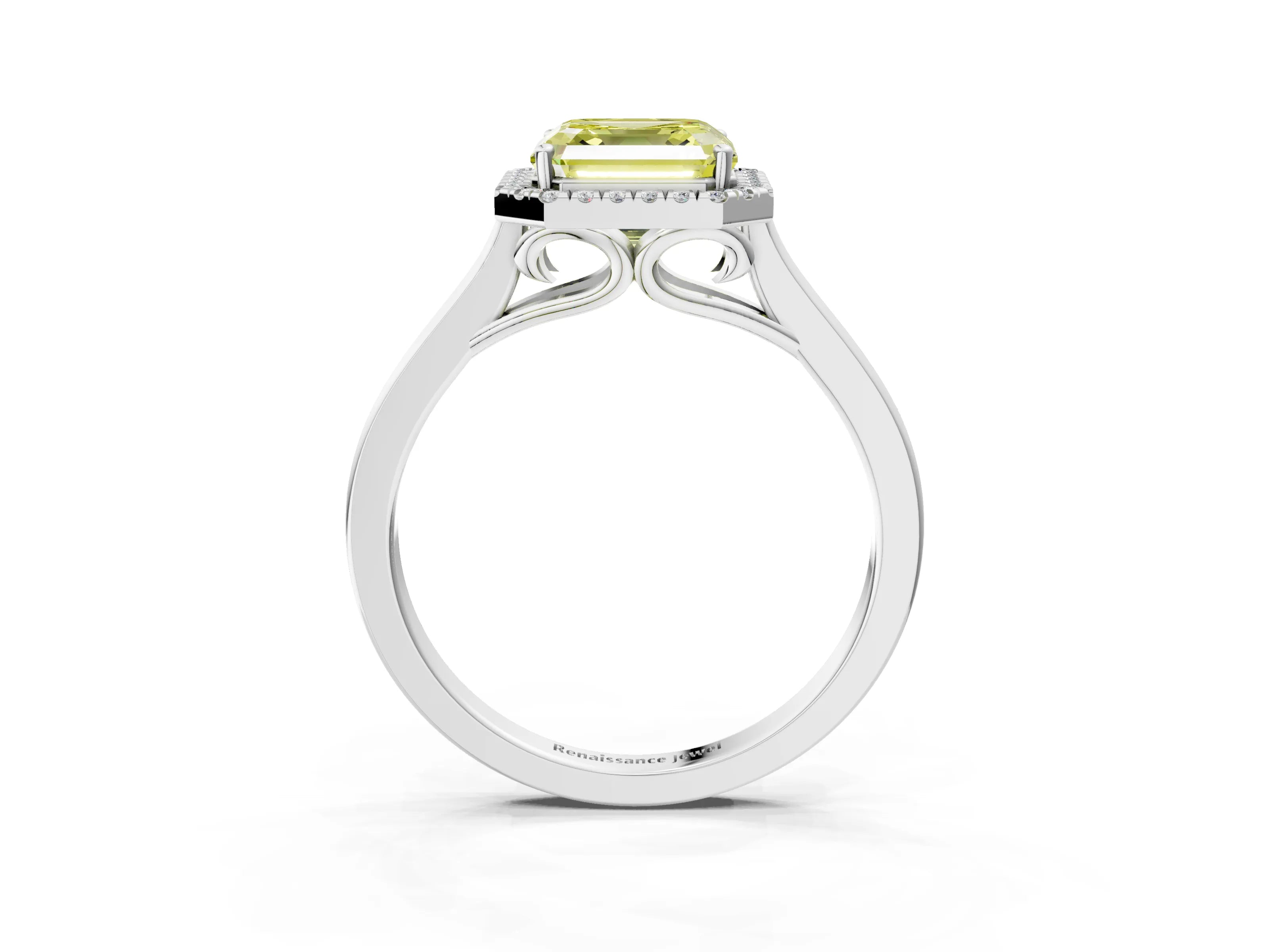 White gold Fancy Yellow Asscher Cut Halo Round Diamond Solitaire Ring with Pavé Band and Four-Prong Setting_3