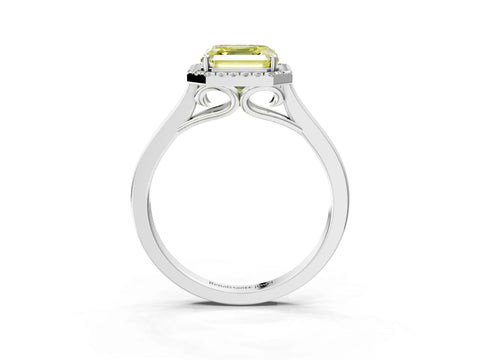 White gold Fancy Yellow Asscher Cut Halo Round Diamond Solitaire Ring with Pavé Band and Four-Prong Setting_3