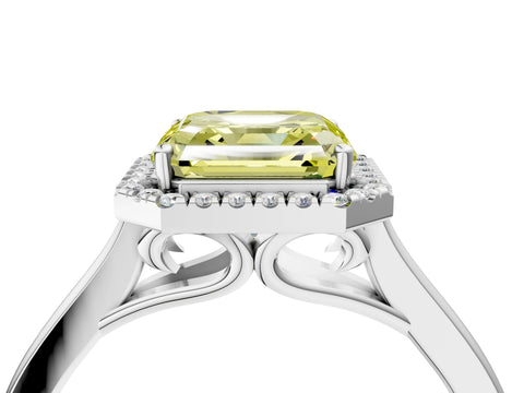 White gold Fancy Yellow Asscher Cut Halo Round Diamond Solitaire Ring with Pavé Band and Four-Prong Setting_4