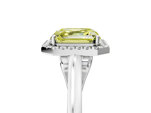 White gold Fancy Yellow Asscher Cut Halo Round Diamond Solitaire Ring with Pavé Band and Four-Prong Setting_5
