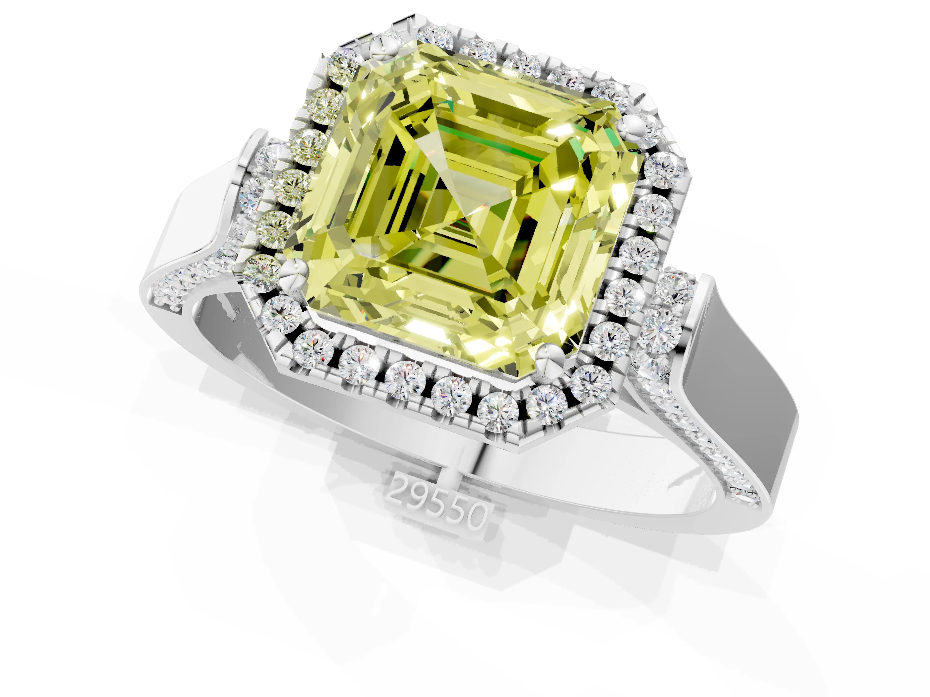 White gold Fancy Yellow Asscher Cut Halo Round Diamond Twist Band with Four-Prong Setting_1