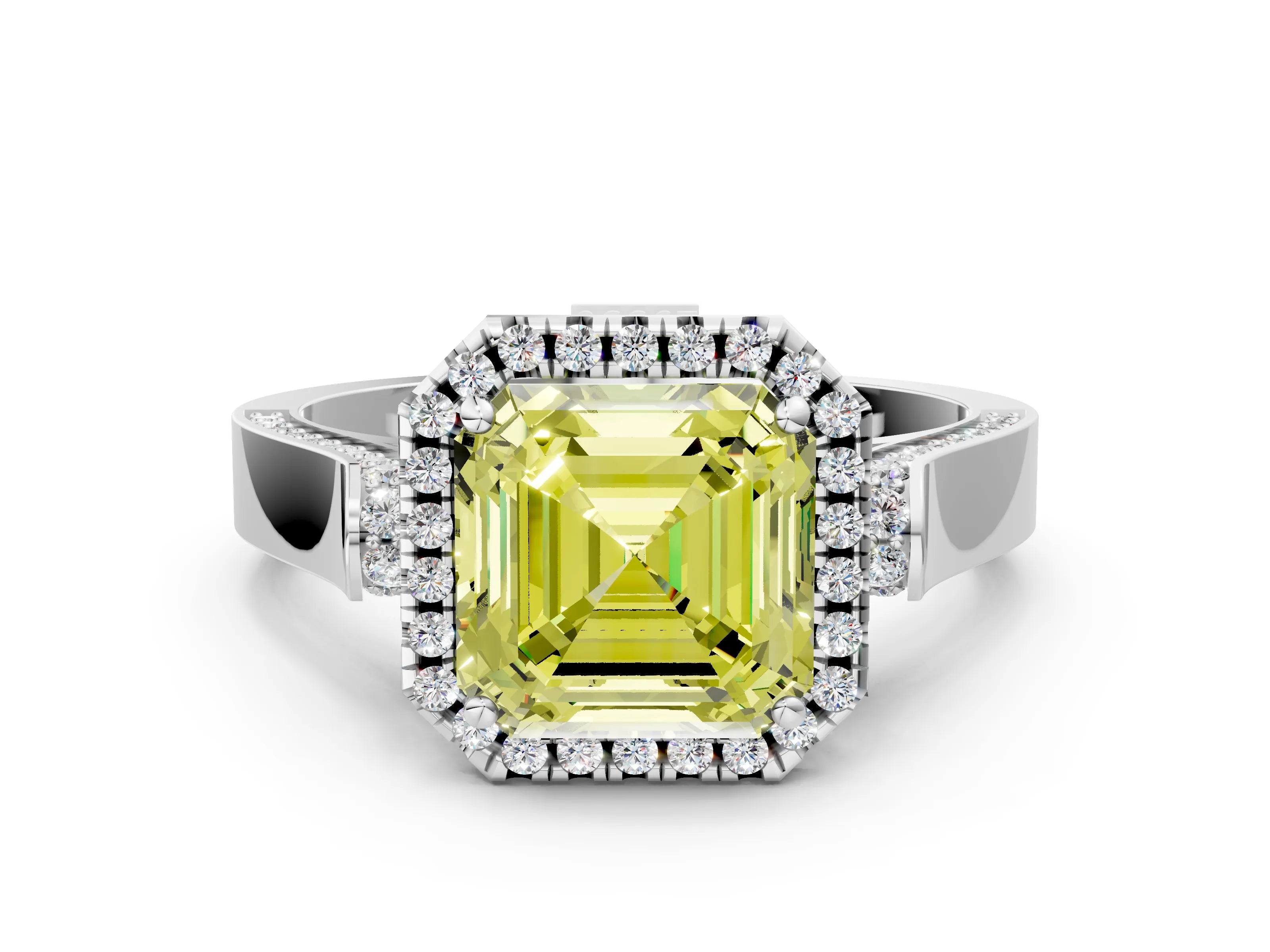 White gold Fancy Yellow Asscher Cut Halo Round Diamond Twist Band with Four-Prong Setting_24
