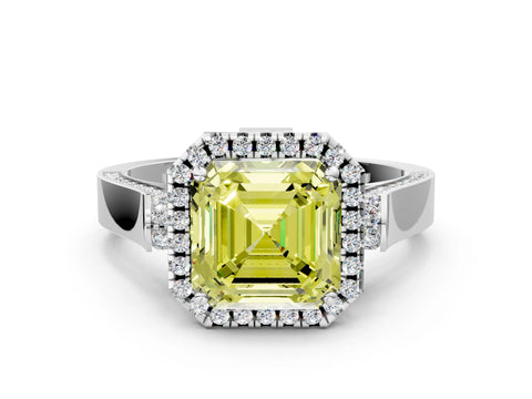 White gold Fancy Yellow Asscher Cut Halo Round Diamond Twist Band with Four-Prong Setting_24
