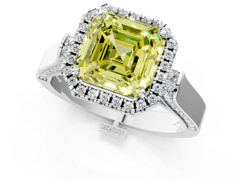 White gold Fancy Yellow Asscher Cut Halo Round Diamond Twist Band with Four-Prong Setting_25
