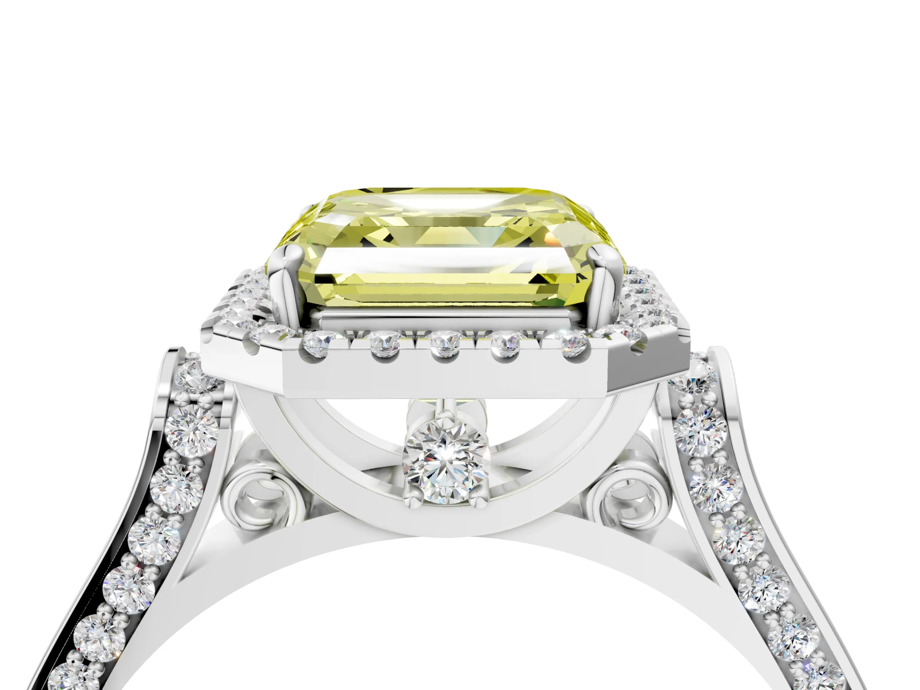 White gold Fancy Yellow Asscher Cut Halo Round Diamond Twist Band with Four-Prong Setting_28