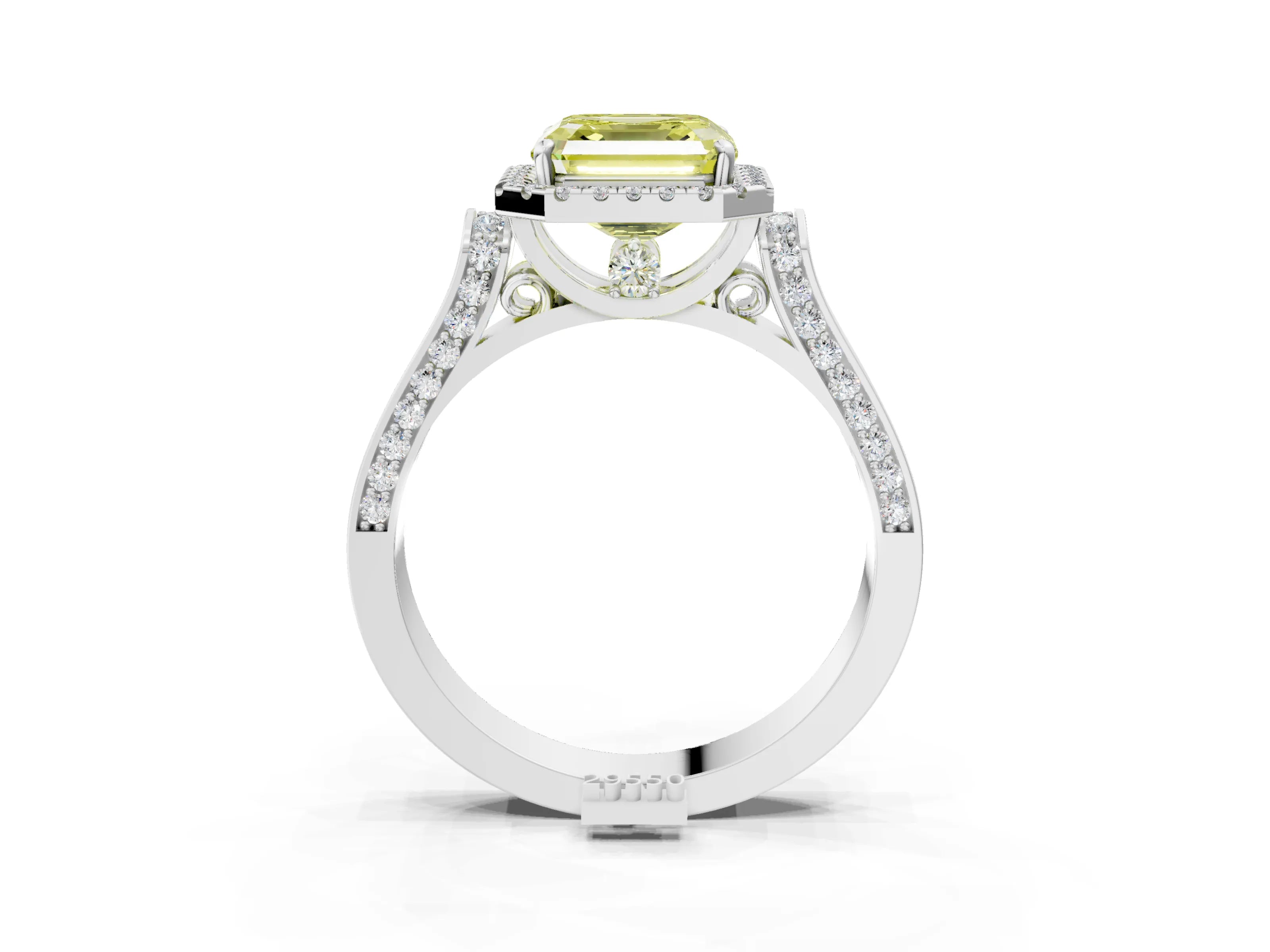 White gold Fancy Yellow Asscher Cut Halo Round Diamond Twist Band with Four-Prong Setting_3