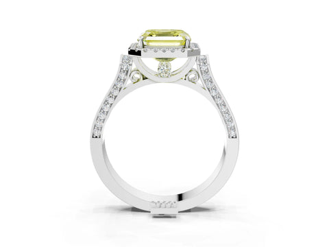 White gold Fancy Yellow Asscher Cut Halo Round Diamond Twist Band with Four-Prong Setting_3