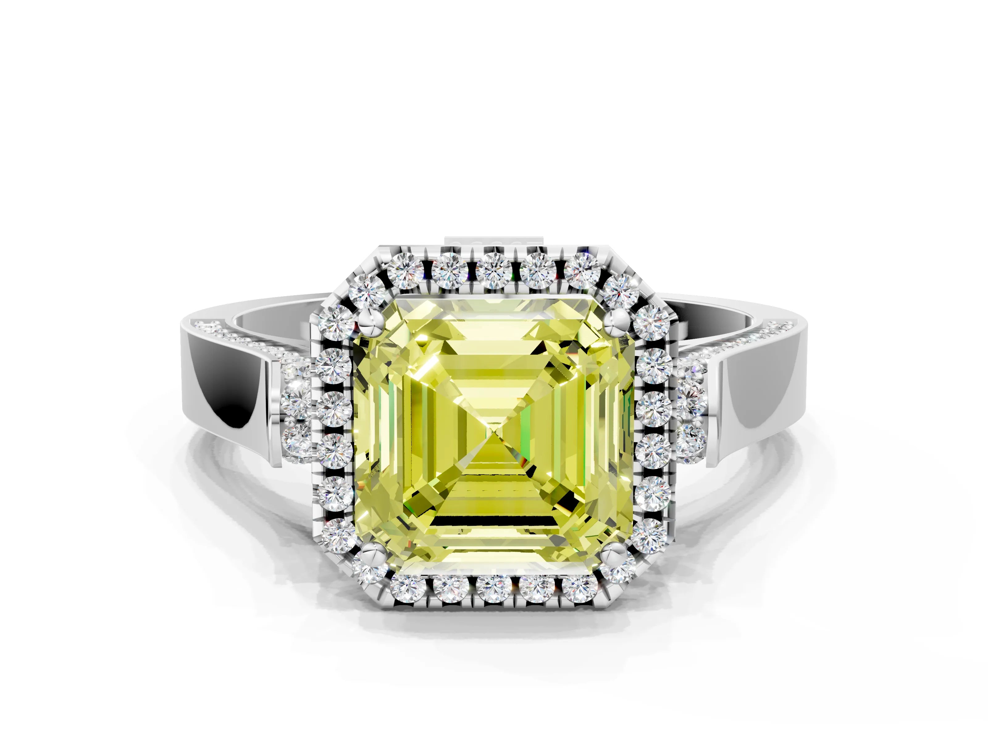 White gold Fancy Yellow Asscher Cut Halo Round Diamond Twist Band with Four-Prong Setting