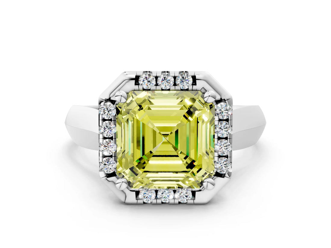 White gold Fancy Yellow Asscher  Cut Halo Solitaire Engagement Ring with Square Band and Four-Prong Setting_96