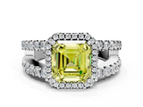 White gold Fancy Yellow Asscher  Cut Halo Split Shank Diamond Ring with Four-Prong Setting