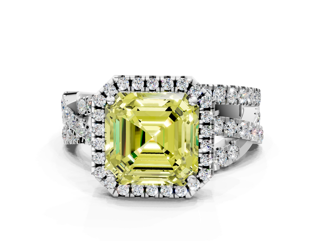 White gold Fancy Yellow Asscher  Cut Halo Split Shank Prong Setting Ring_17
