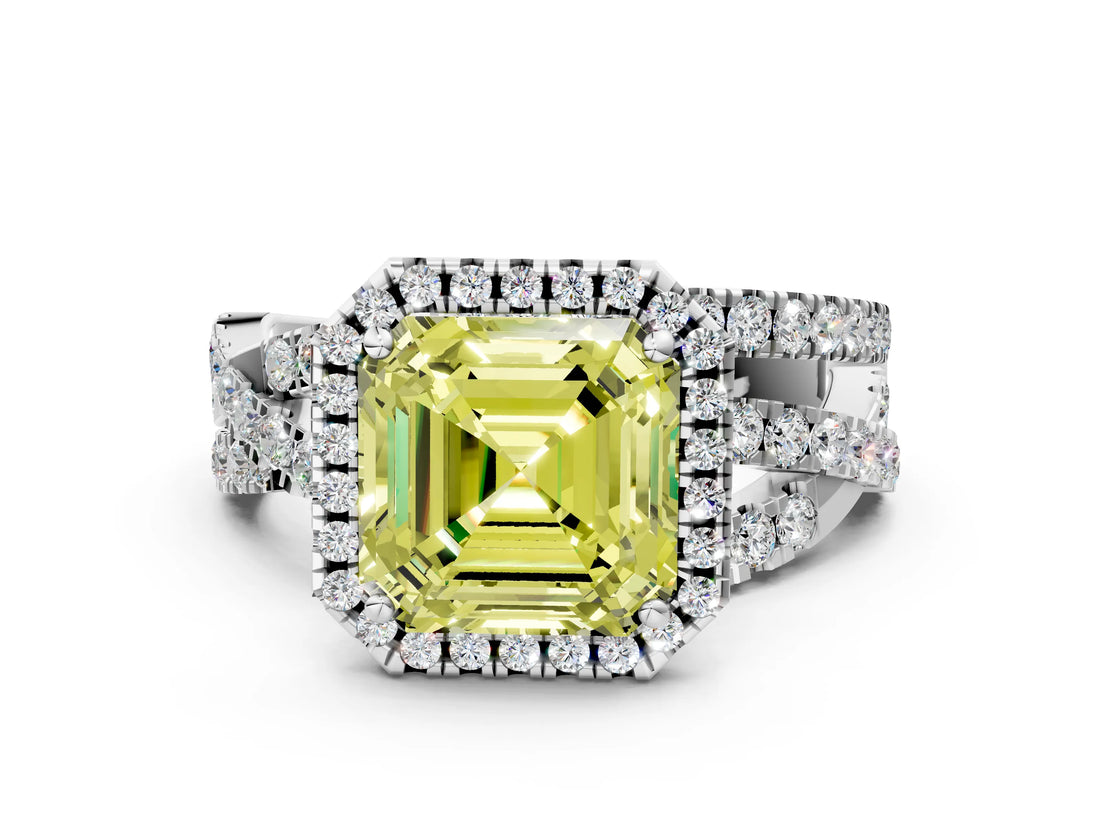White gold Fancy Yellow Asscher  Cut Halo Split Shank Prong Setting Ring_36