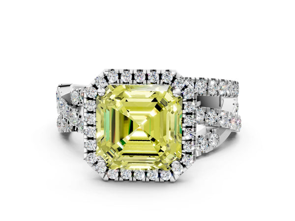 White Gold Asscher Cut Halo Twist Engagement Ring Setting for Fancy Yellow Center