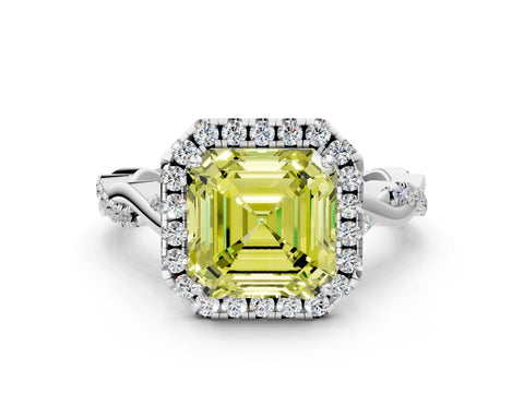 White gold Fancy Yellow Asscher Cut Halo Twist Band with Four-Prong Setting