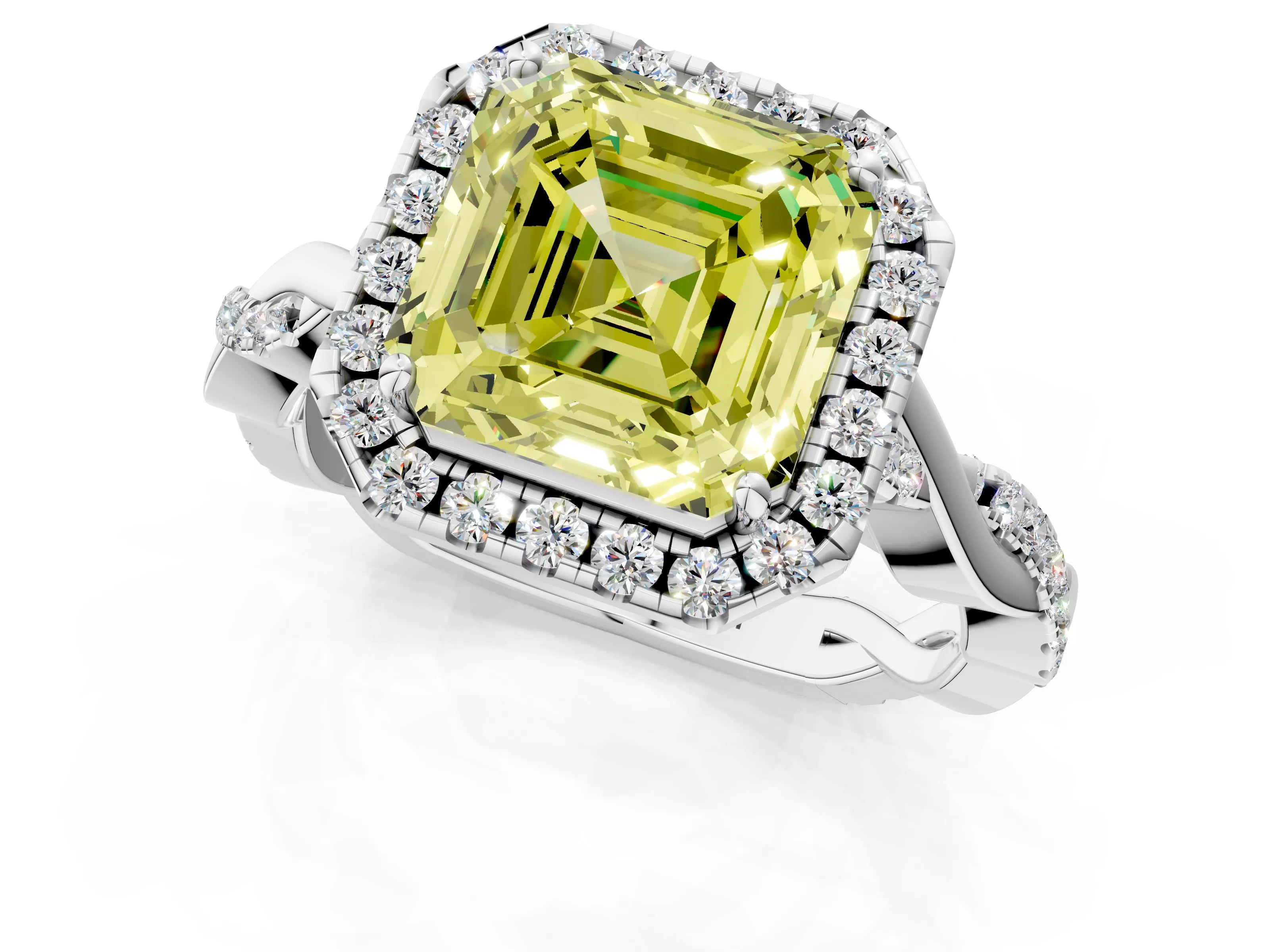 White gold Fancy Yellow Asscher Cut Halo Twist Band with Four-Prong Setting_1