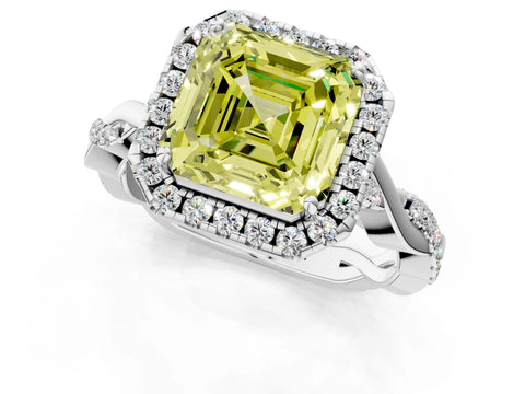 White gold Fancy Yellow Asscher Cut Halo Twist Band with Four-Prong Setting_1