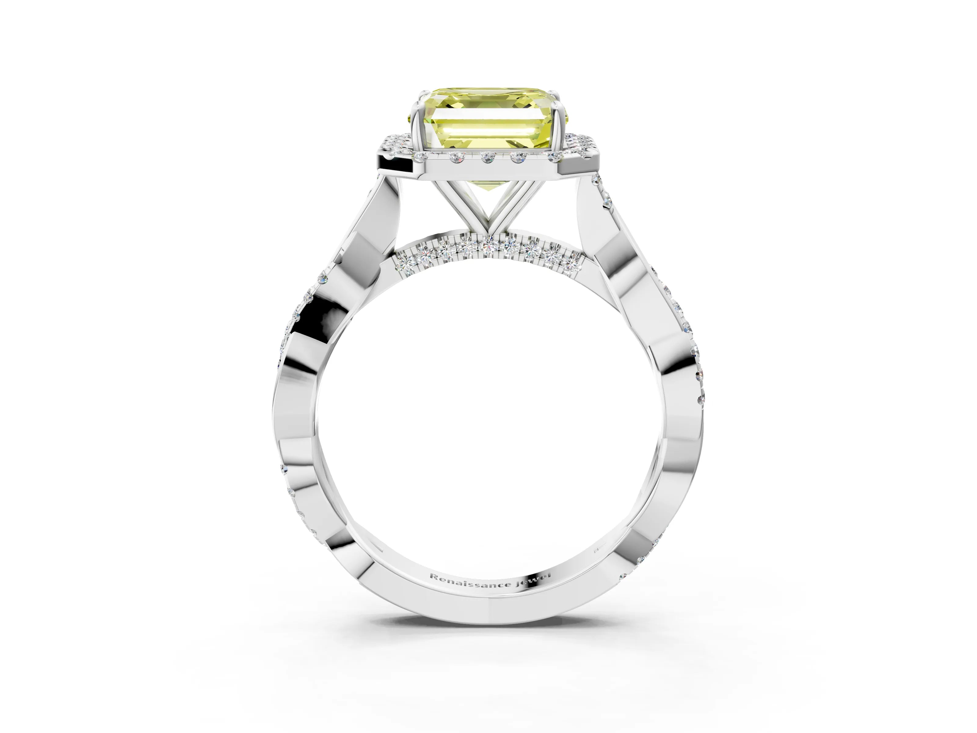 White gold Fancy Yellow Asscher Cut Halo Twist Band with Four-Prong Setting_3