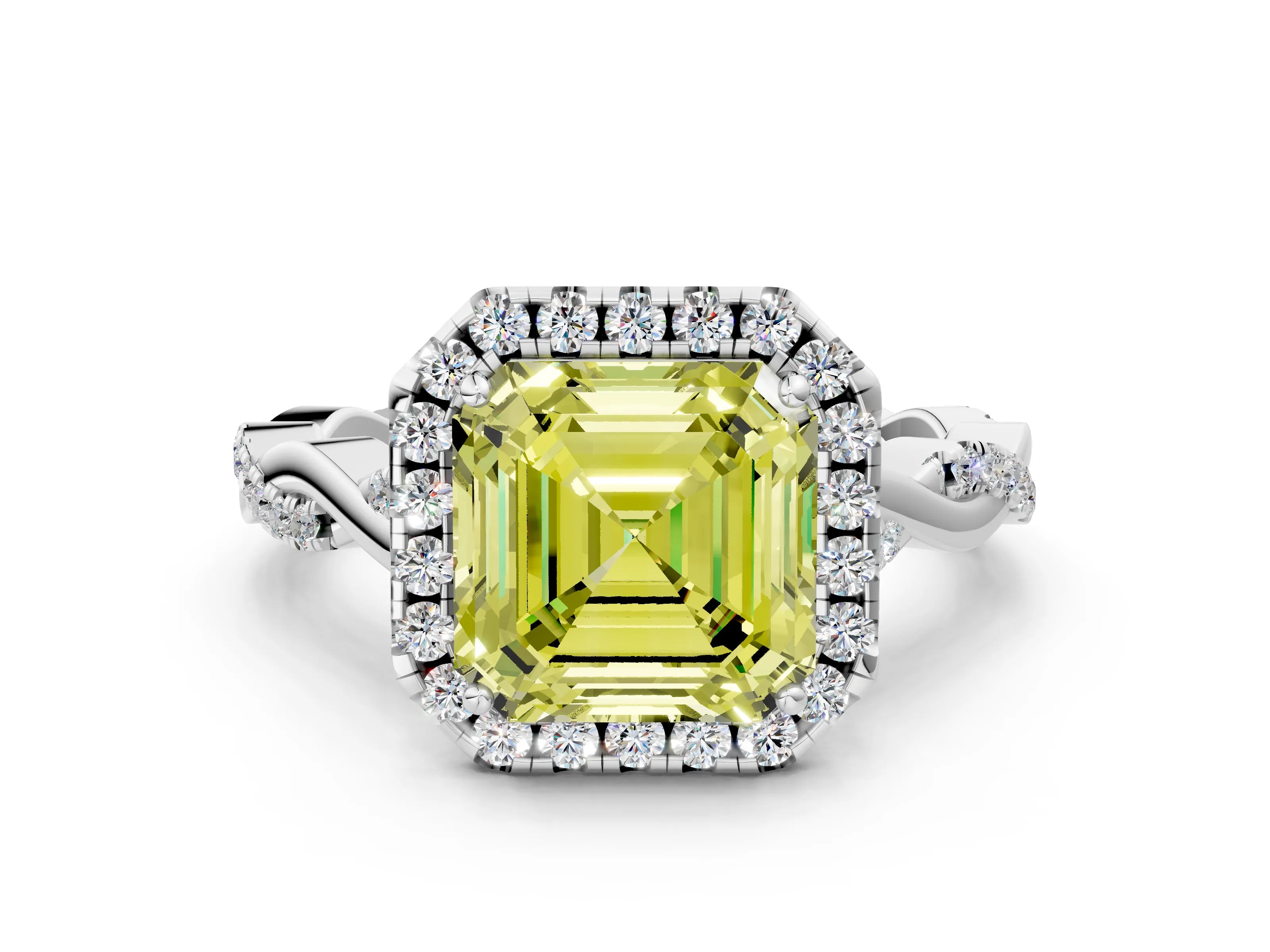 White gold Fancy Yellow Asscher Cut Halo Twist Band with Four-Prong Setting