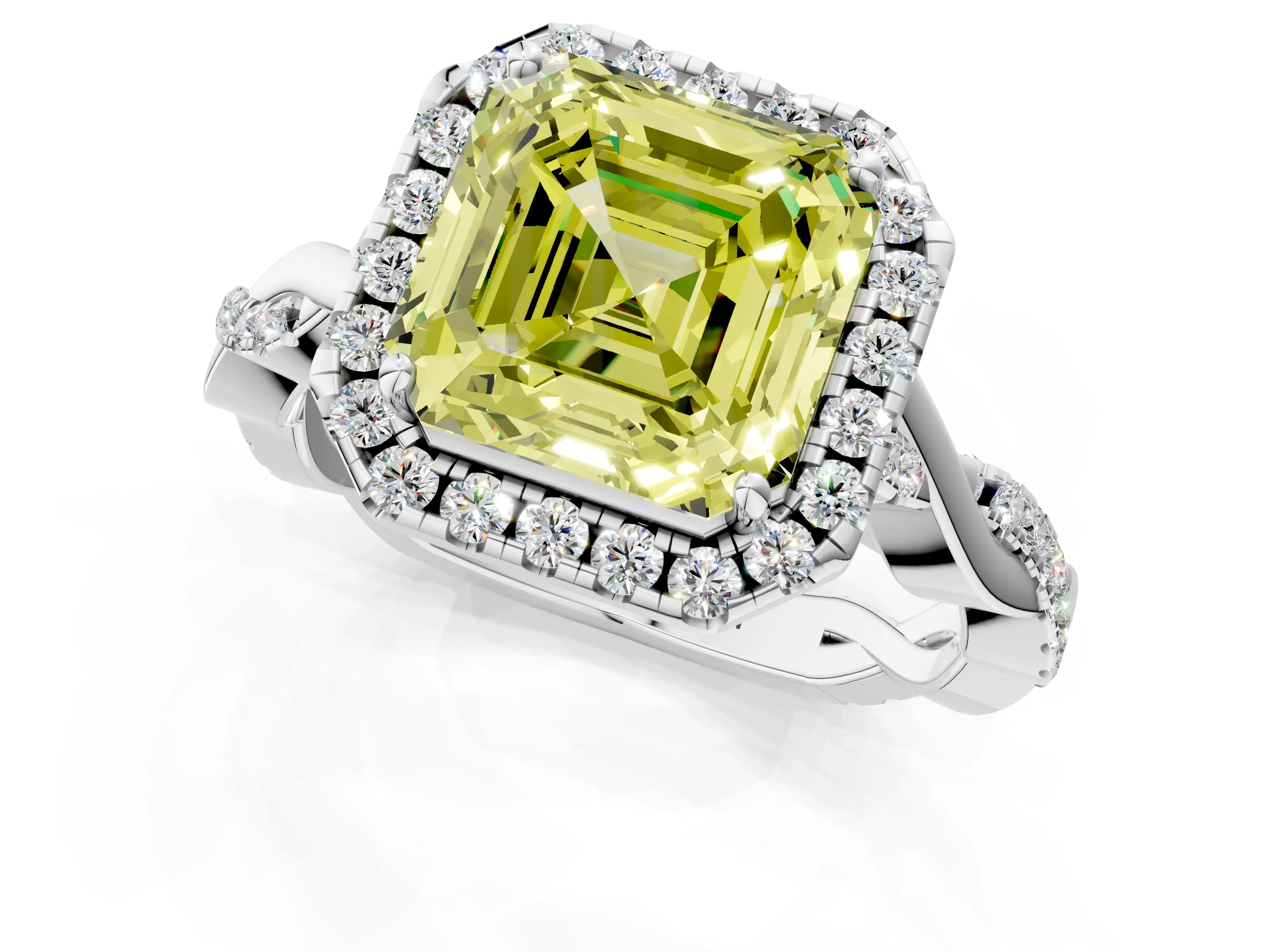 White gold Fancy Yellow Asscher Cut Halo Twist Band with Four-Prong Setting_73