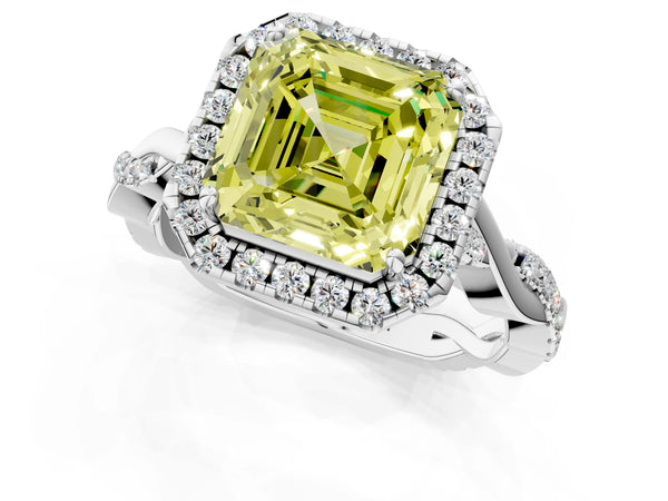 Sterling Silver Asscher Cut Interwoven Twist Halo Engagement Ring Setting for Fancy Yellow Center