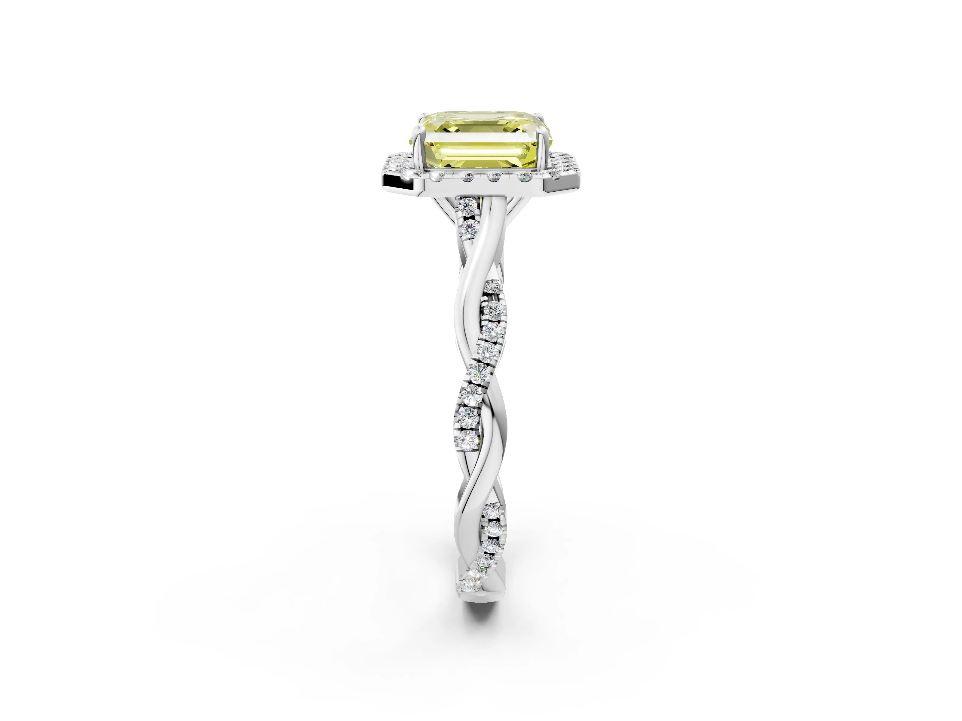 White gold Fancy Yellow Asscher Cut Halo Twist Band with Four-Prong Setting_74