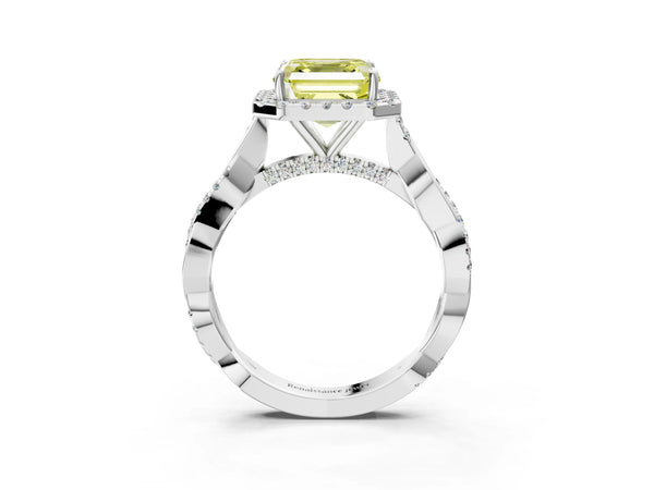 Platinum Asscher Cut Interwoven Twist Halo Engagement Ring Setting for Fancy Yellow Center