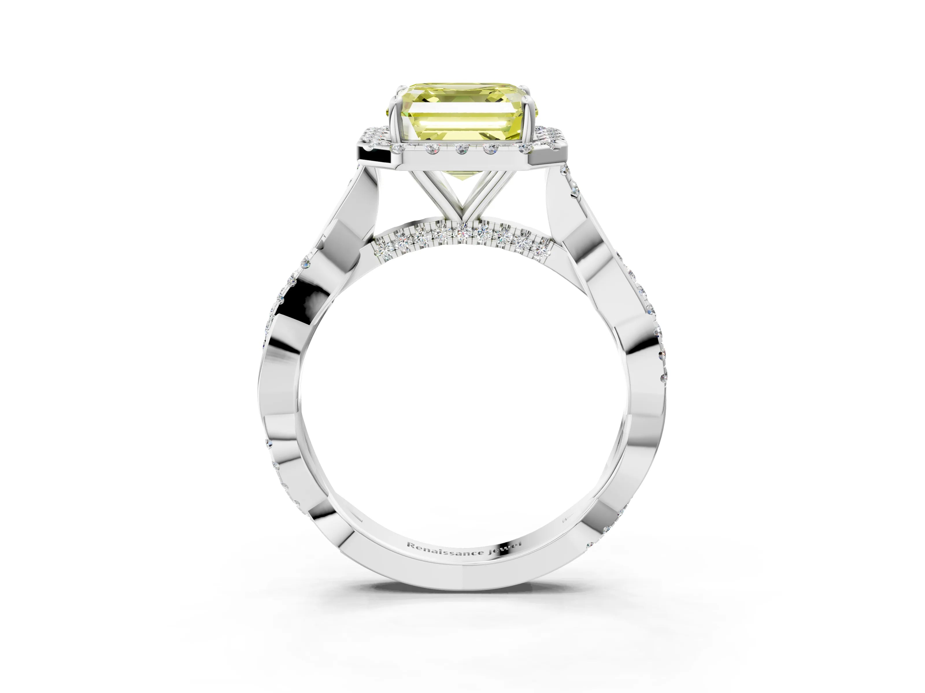 White gold Fancy Yellow Asscher Cut Halo Twist Band with Four-Prong Setting_75