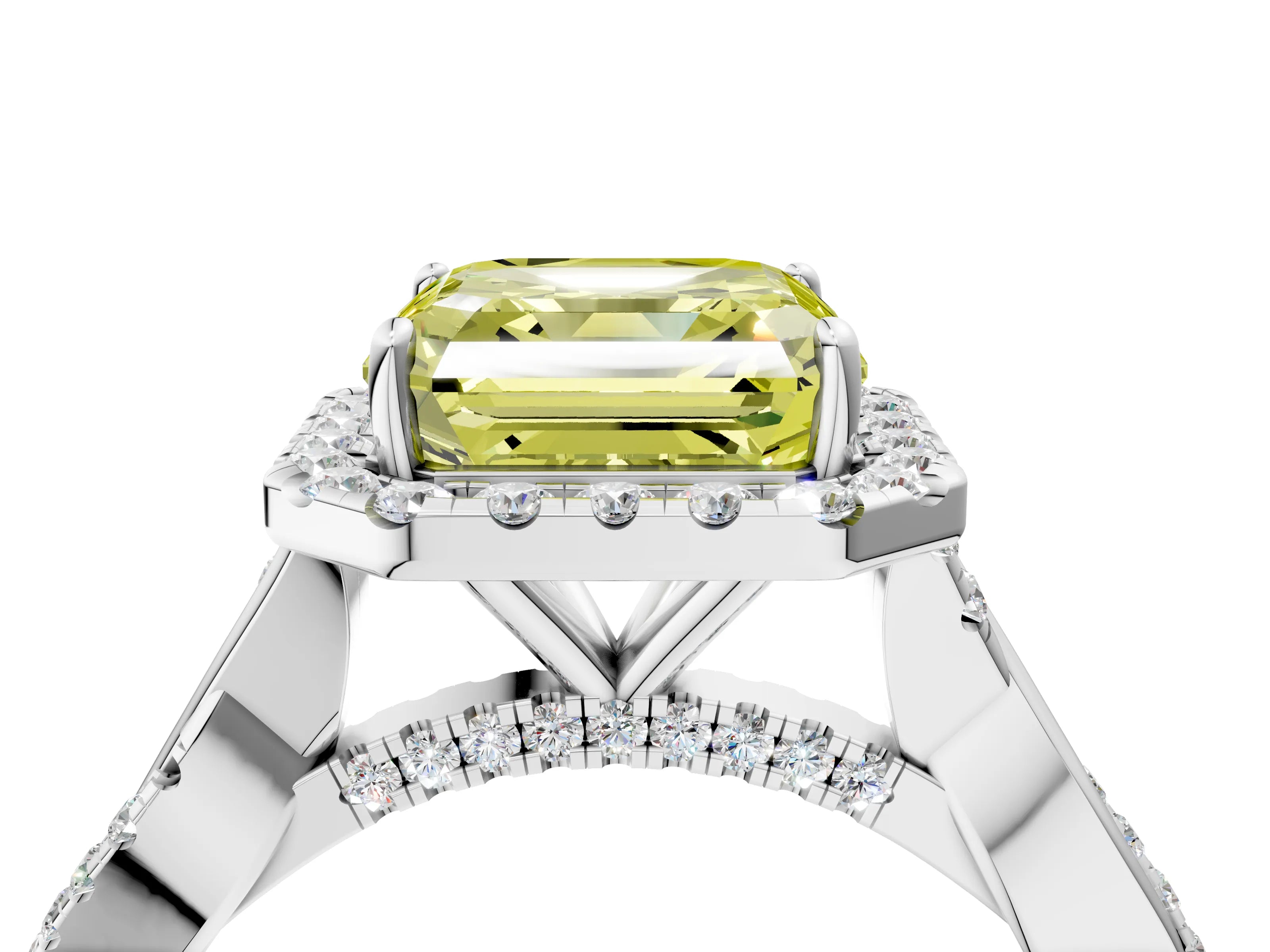 White gold Fancy Yellow Asscher Cut Halo Twist Band with Four-Prong Setting_76