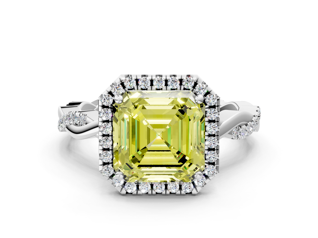 White gold Fancy Yellow Asscher  Cut Halo Twisted Band Four-Prong Ring