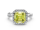 White gold Fancy Yellow Asscher  Cut Halo Twisted Band Four-Prong Ring